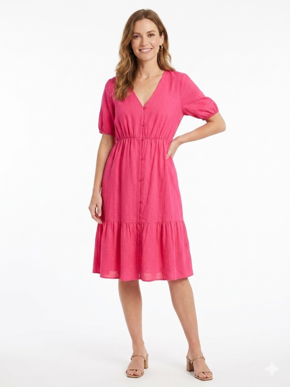 NWT Ellen Tracy‎ Geranium Linen Blend V-Neck Tiered Midi Dress Women’s X-Small
